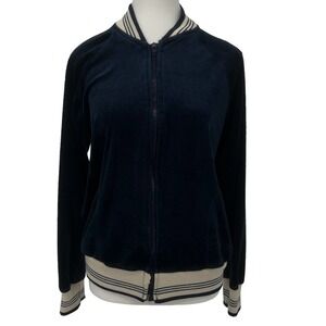 Vintage 70’s Track Jacket Terry Cloth Velour Full‎ Zip Navy Stripe Large